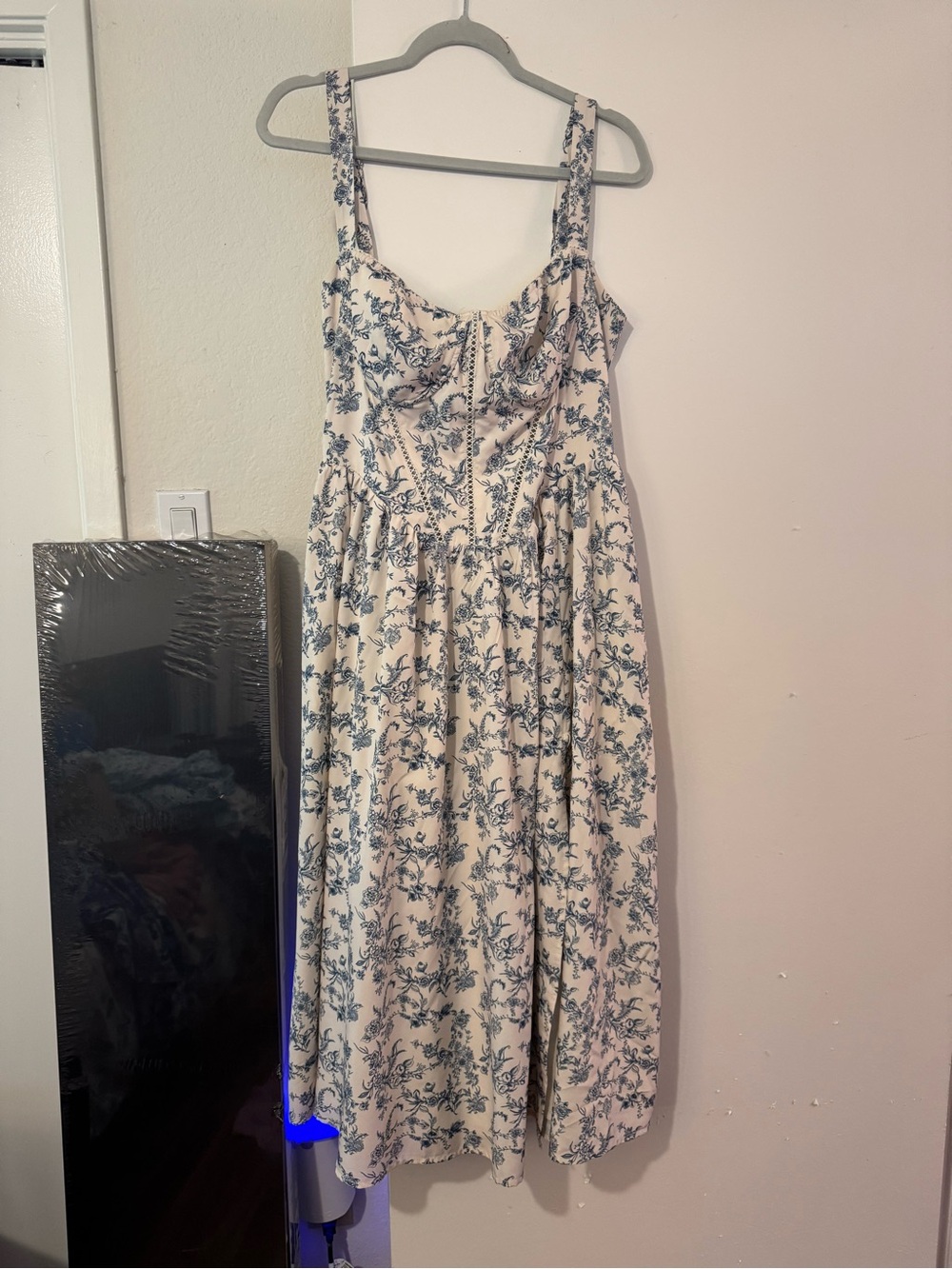 Cream Floral Midi Dress with Blue Toile Print